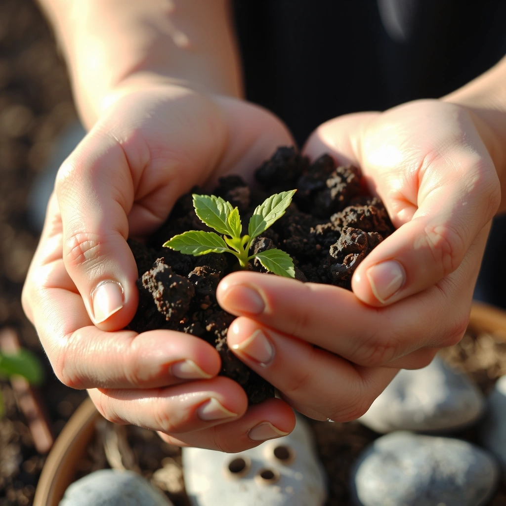 Erde und Spross in Hand